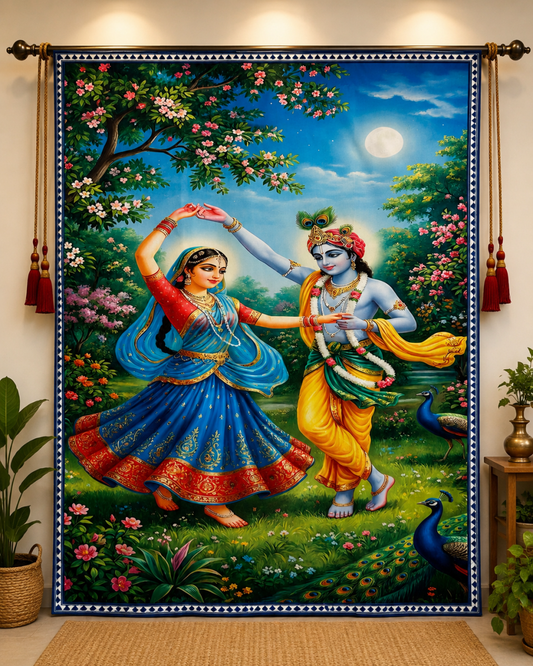 Radha Krishna Divine Garden Tapestry | Decorative Parda | Wall Hanging - Shri Hit Sakhi